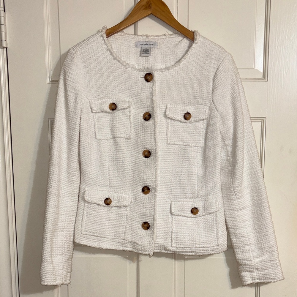 Liz Claiborne Soft White Bouclé Button-Front Collarless Lady Jacket